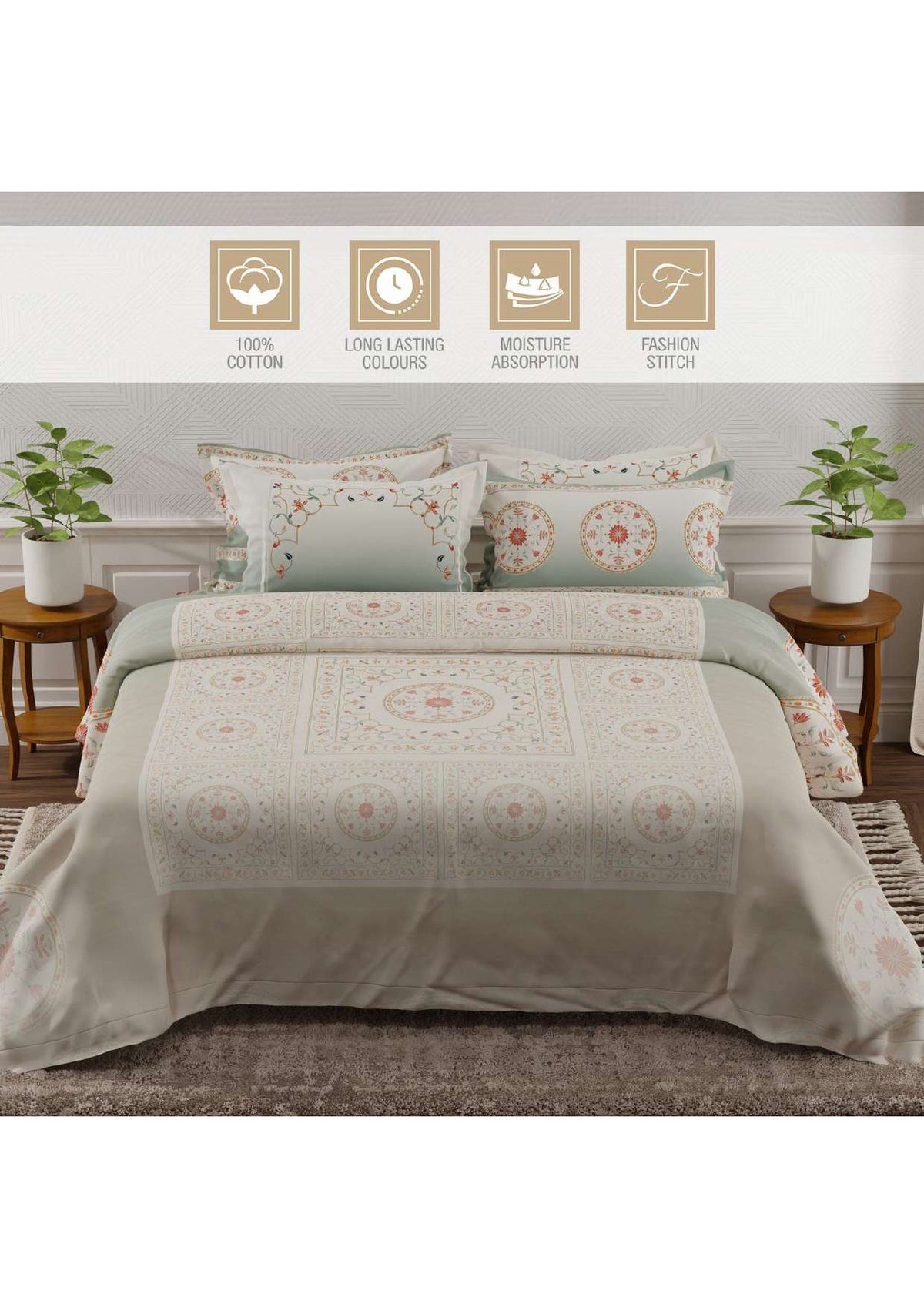 Pastel heritage motif printed bedsheet set Bed-7