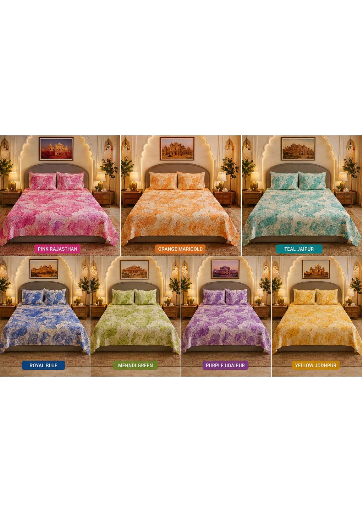 Leaf pattern multi colour printed bedsheet set Bed-8