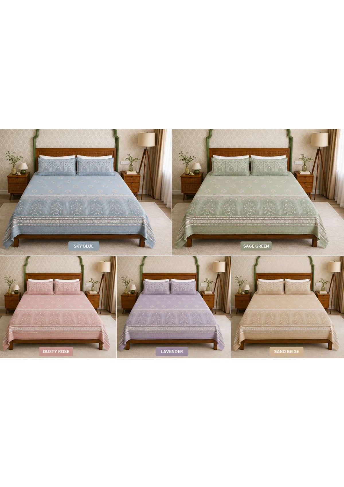 Pastel border motif multi colour printed bedsheet set Bed-9