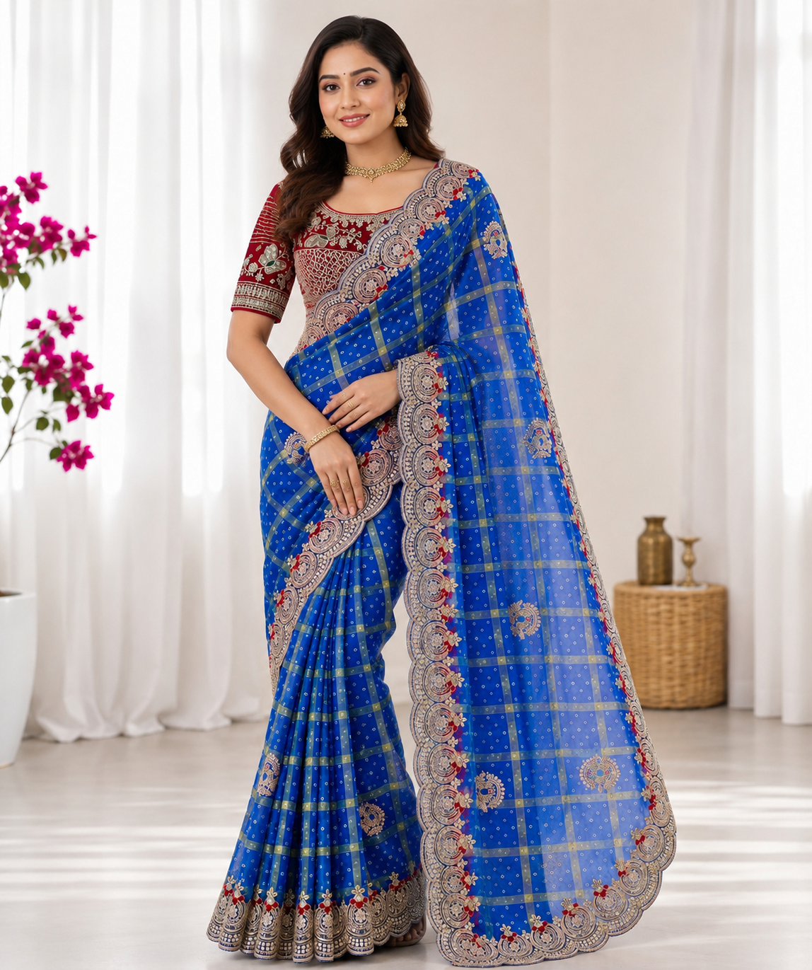 Royal Blue Designer Saree with Maroon Embroidered Blouse