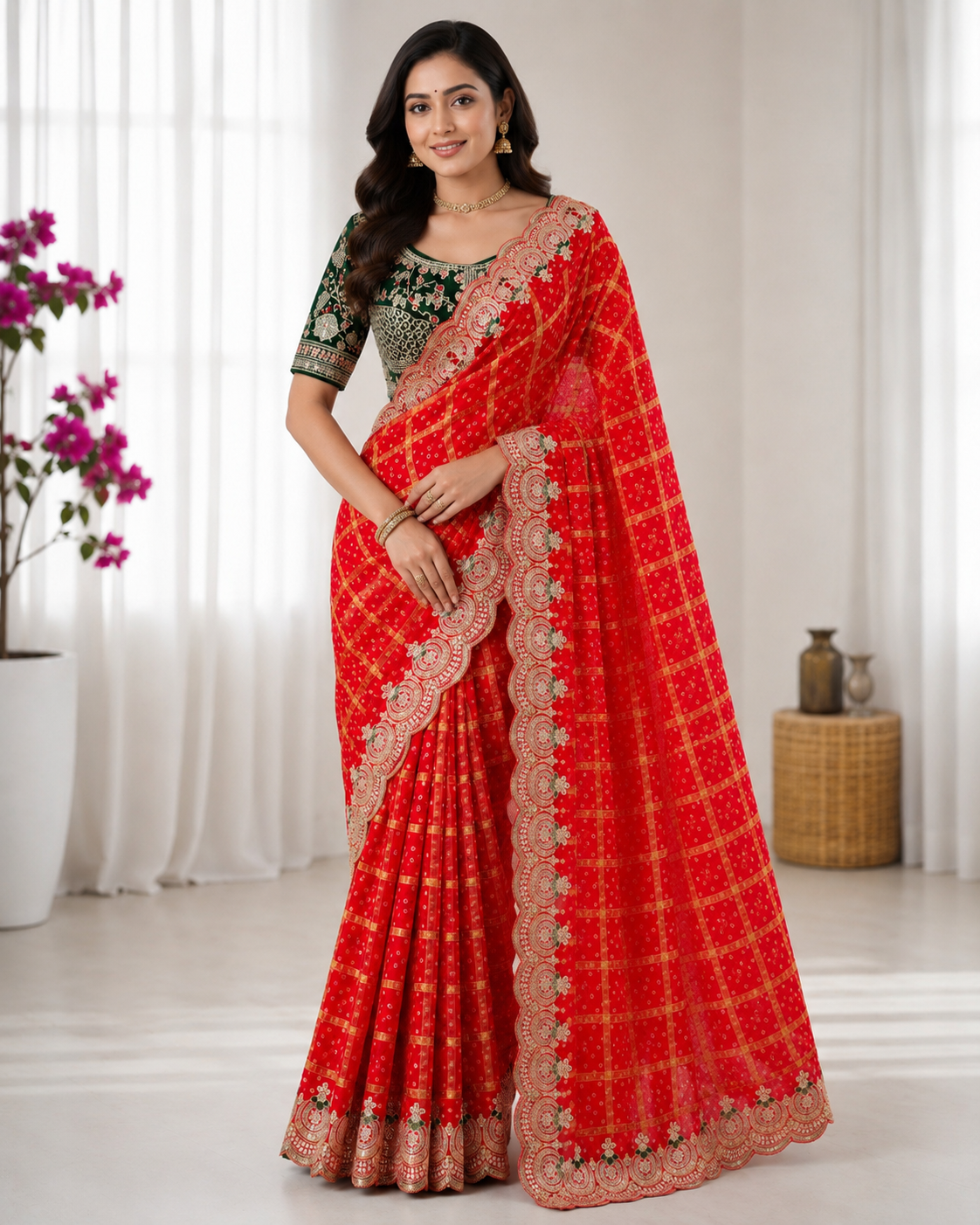 Red Designer Saree with Green Embroidered Blouse | Traditional Wedding & Festive Saree