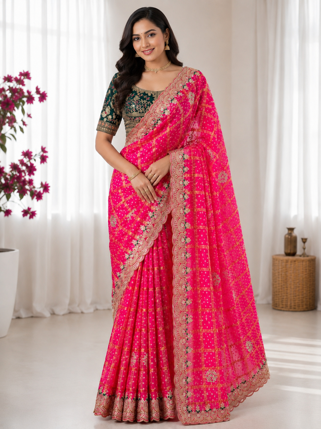 Pink Designer Saree with Green Embroidered Blouse | Traditional Wedding & Festive Saree