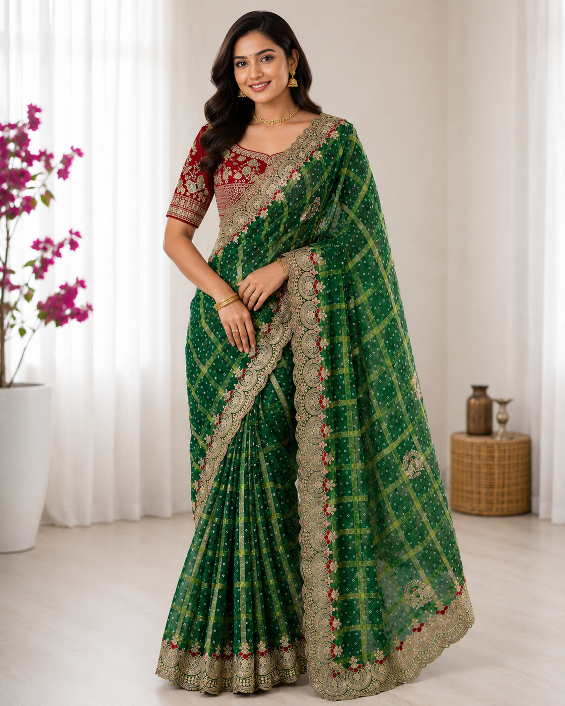 Green Designer Saree with Red Embroidered Blouse | Traditional Wedding & Festive Saree