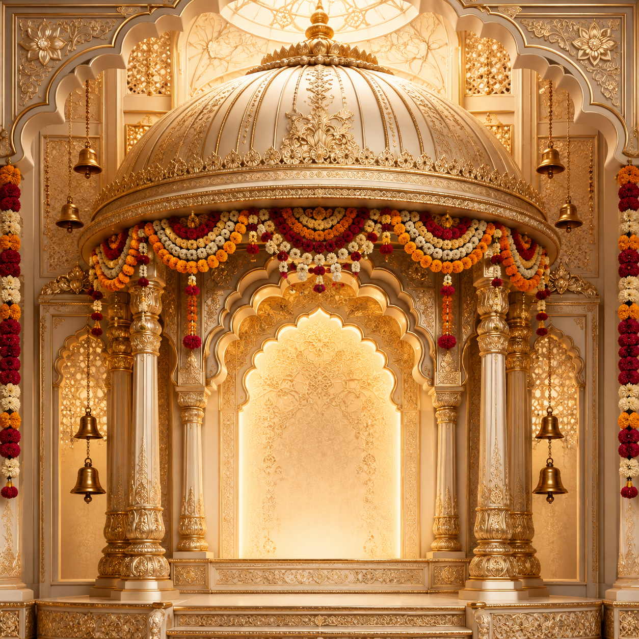 Ivory Gold Royal Mandap Ganesh Chaturthi Backdrop GC-001-2 with dome, carved pillars, brass bells and marigold garlands