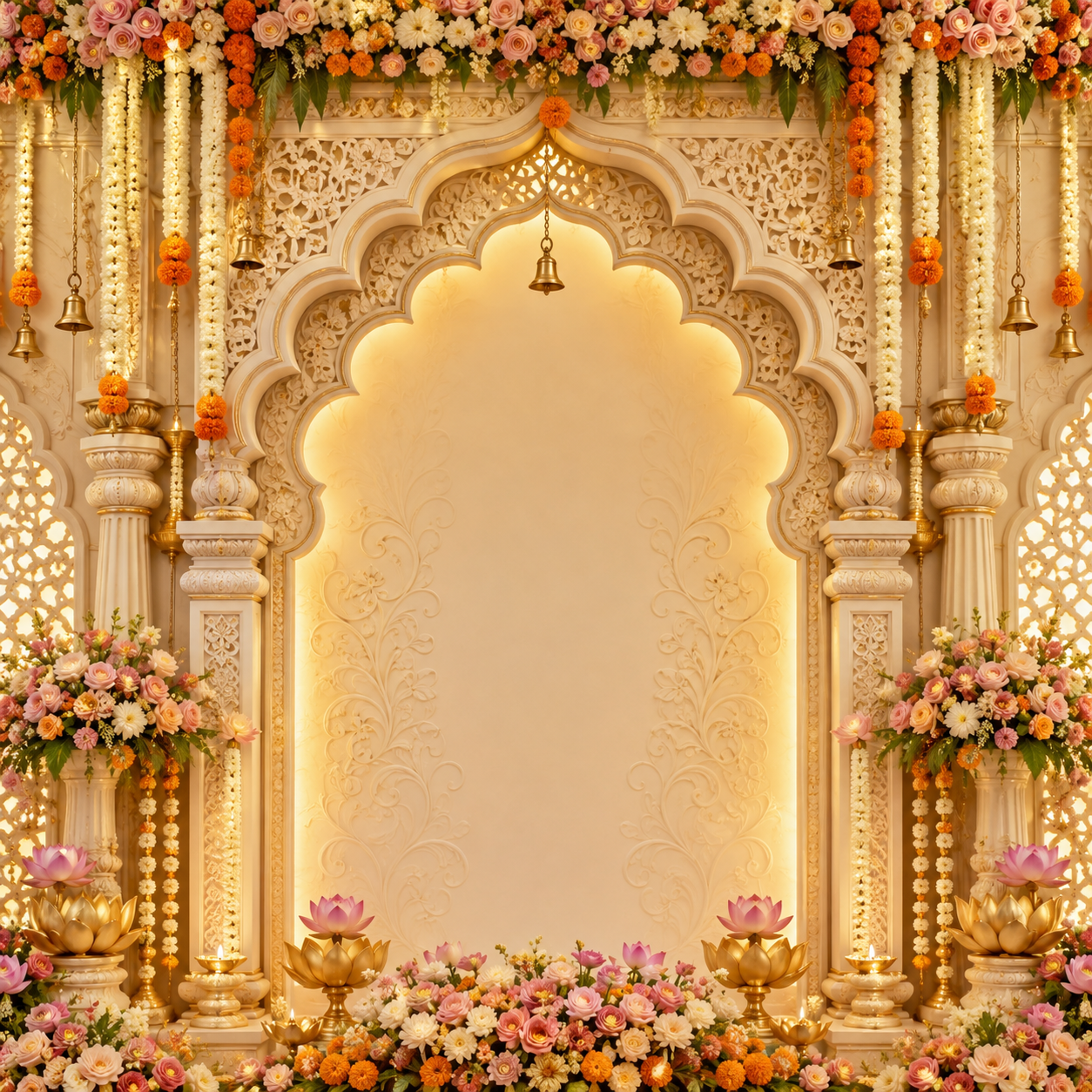 Ivory floral arch Ganesh Chaturthi backdrop GC-001-4 with roses, marigold and golden lotus diyas