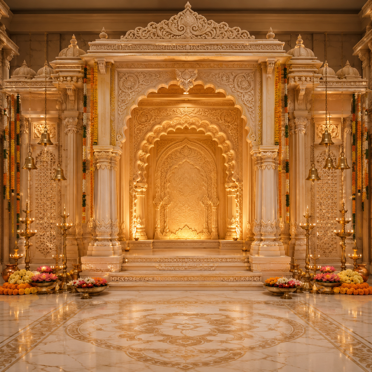 White Marble Temple Ganesh Chaturthi Backdrop with Brass Deep Stands | GC-001-5