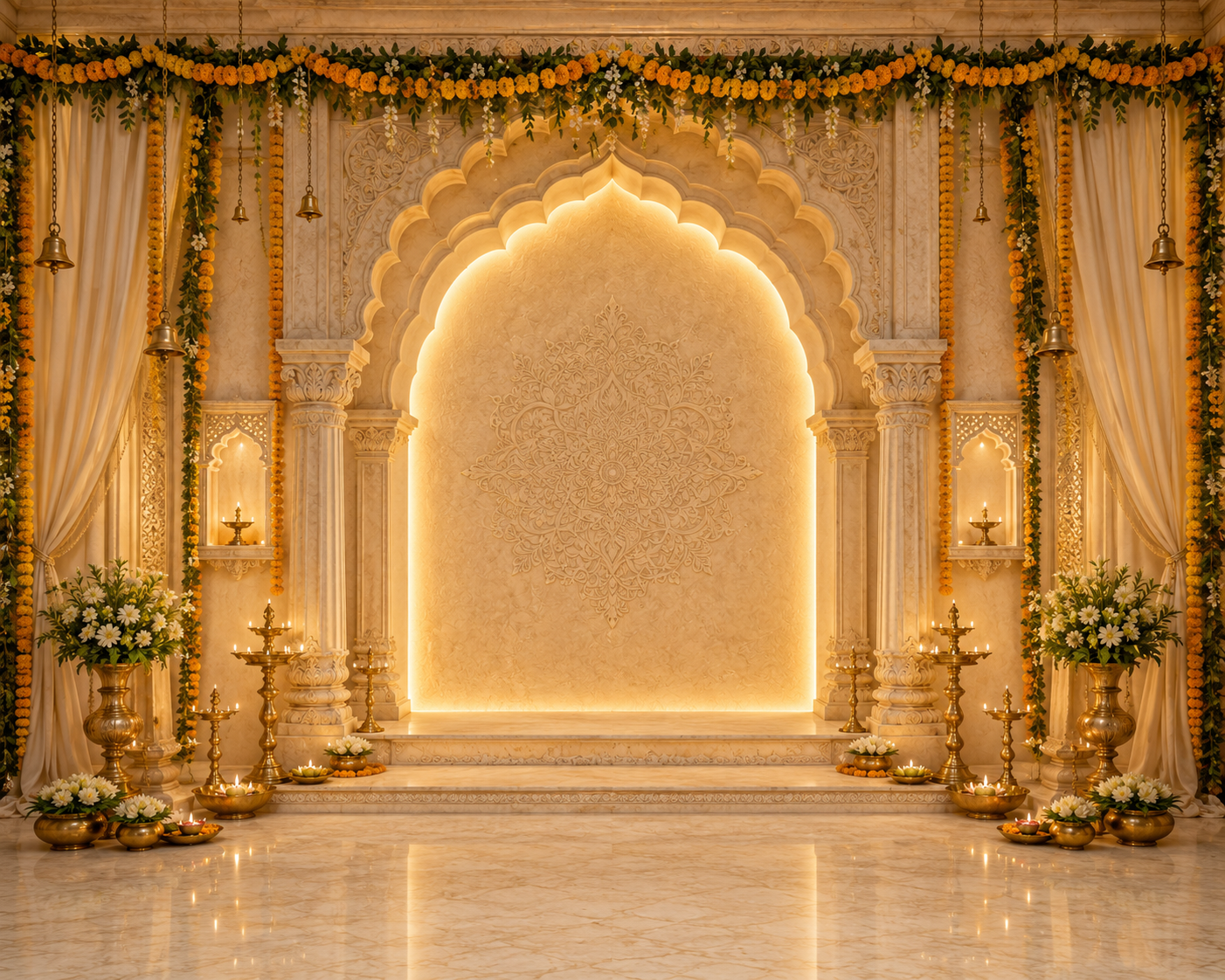 Marble Arch Curtain Ganesh Chaturthi Backdrop with Marigold & Lilies | GC-001-6