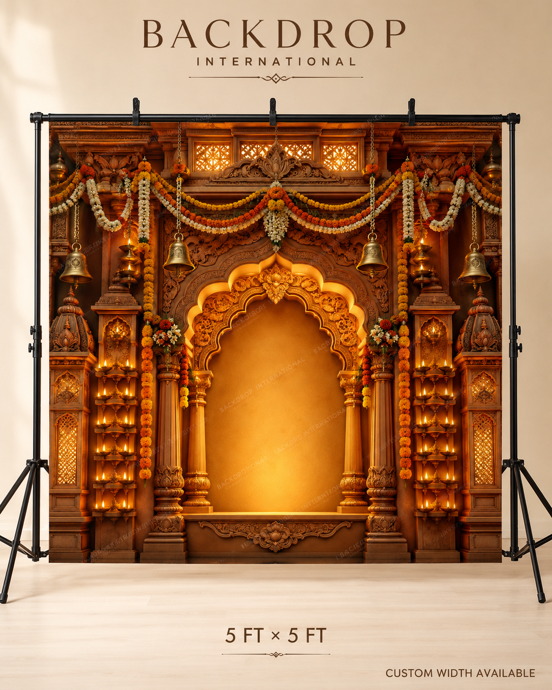 Golden Wooden Mandap Ganesh Chaturthi Backdrop with Diyas & Marigold | GC-002-1