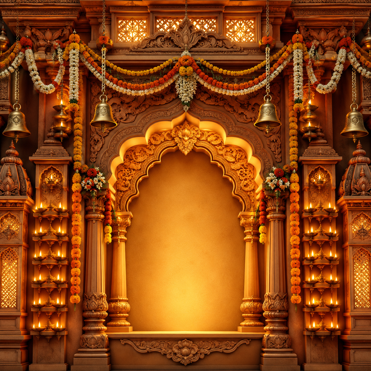 Golden Wooden Mandap Ganesh Chaturthi Backdrop with Diyas & Marigold | GC-002-1