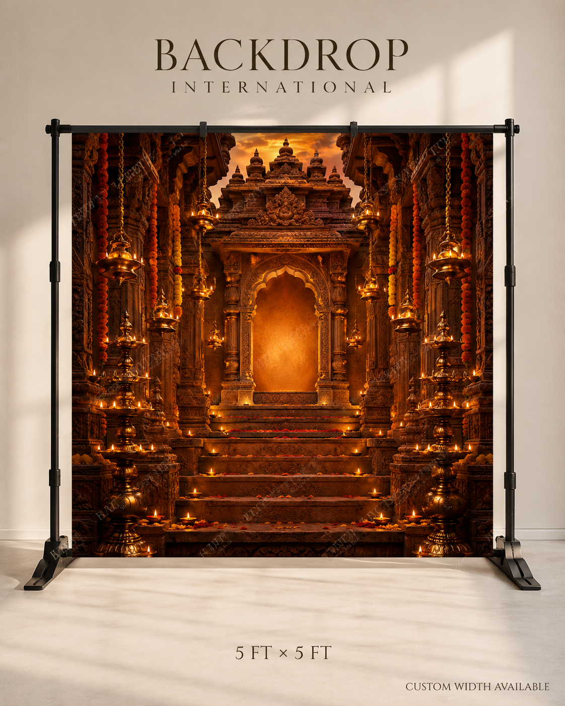 Temple Sanctum Steps Ganesh Chaturthi Backdrop with Hanging Brass Lamps | GC-002-2