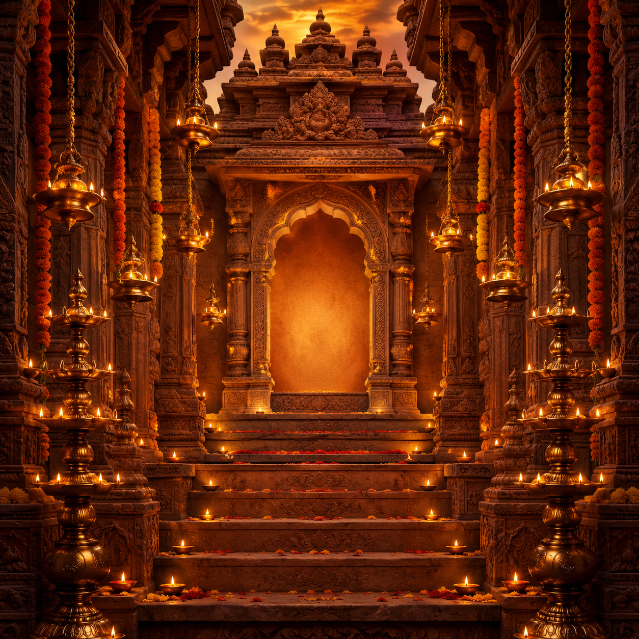 Temple Sanctum Steps Ganesh Chaturthi Backdrop with Hanging Brass Lamps | GC-002-2