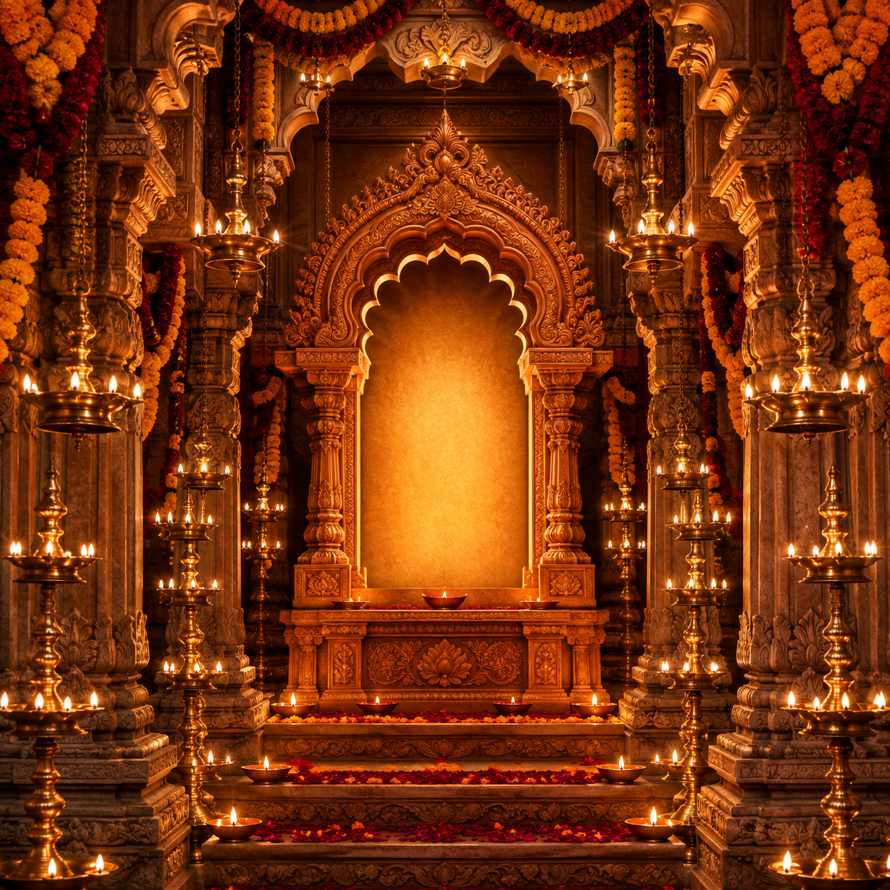 Royal Carved Mandap Ganesh Chaturthi Backdrop with Brass Deep Stands | GC-002-3