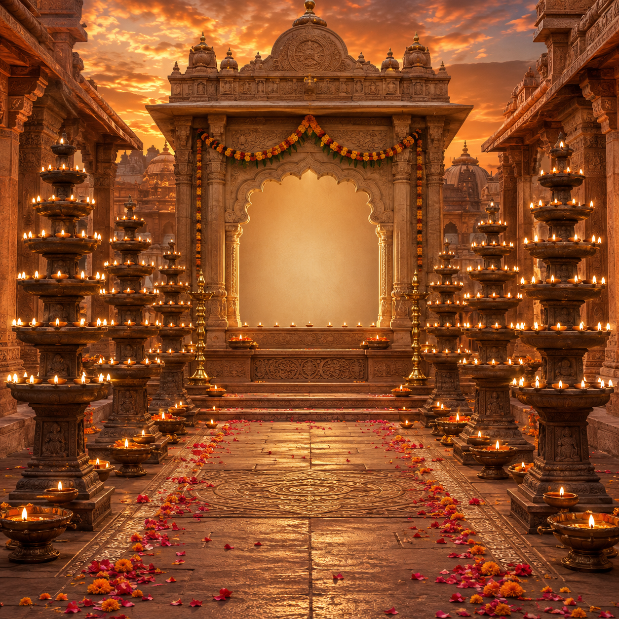 Sandstone Temple Courtyard Ganesh Chaturthi Backdrop with Diya Towers | GC-002-4