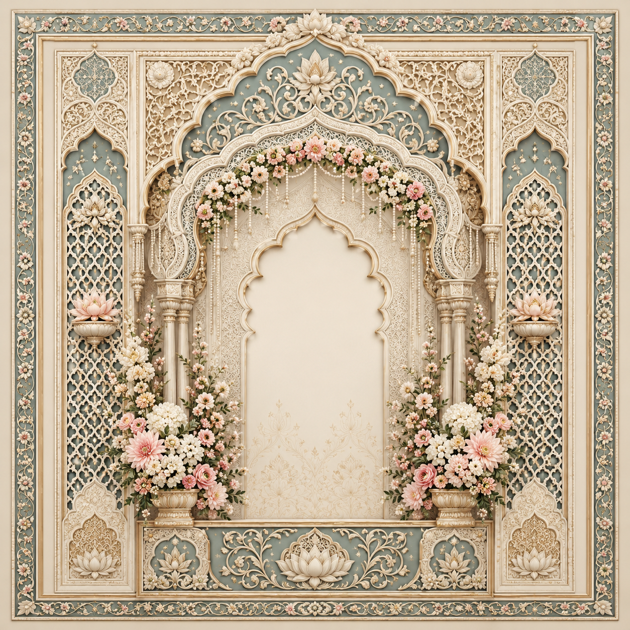 Sage Green Ivory Carved Arch Backdrop with Pink Florals | GC-003-1