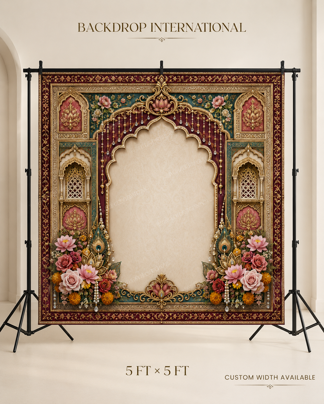 Maroon Teal Royal Frame Backdrop with Lotus, Roses & Pearls | GC-003-2