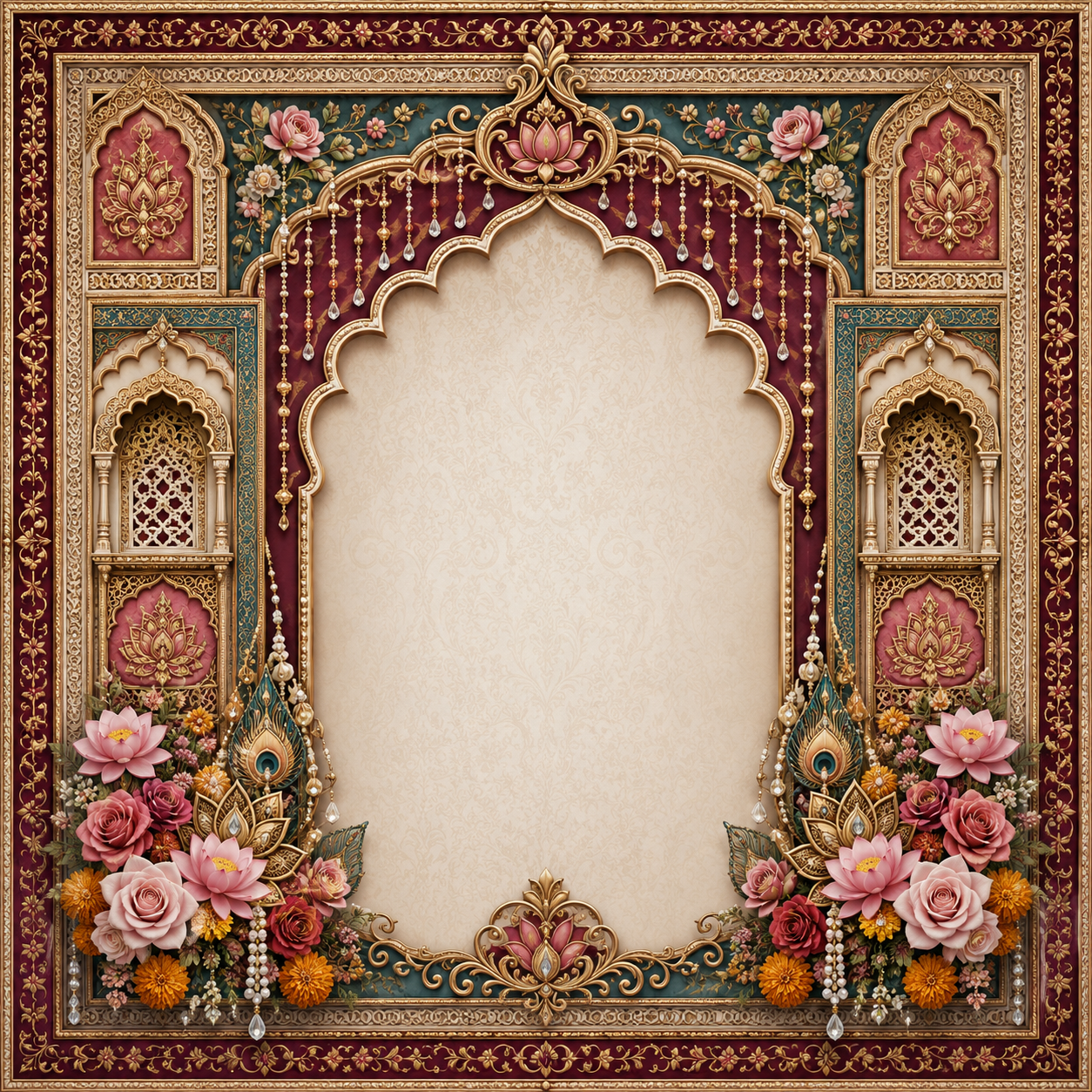 Maroon Teal Royal Frame Backdrop with Lotus, Roses & Pearls | GC-003-2