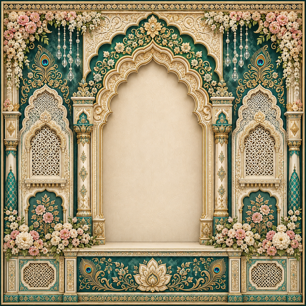 Emerald Gold Peacock Mandap Backdrop with Rose Florals | GC-003-3