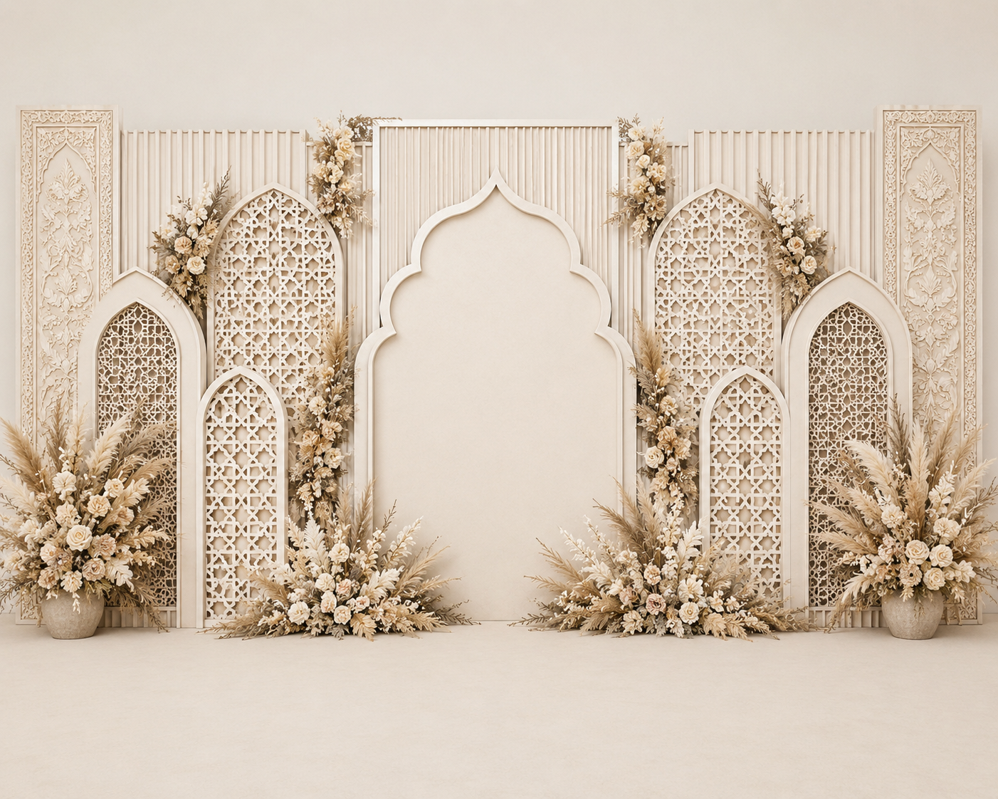 Beige Minimal Jaali Arch Backdrop with Pampas & Dried Florals | GC-003-4
