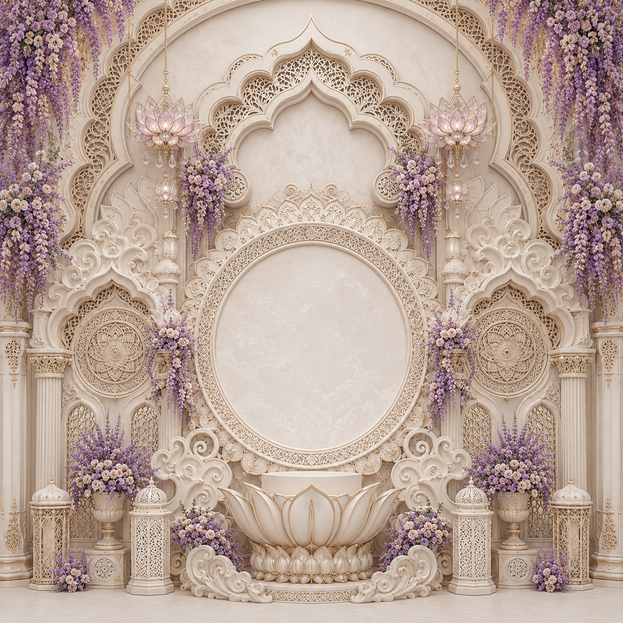 Ivory Wisteria Lotus Backdrop with Round Frame & Purple Florals | GC-003-5