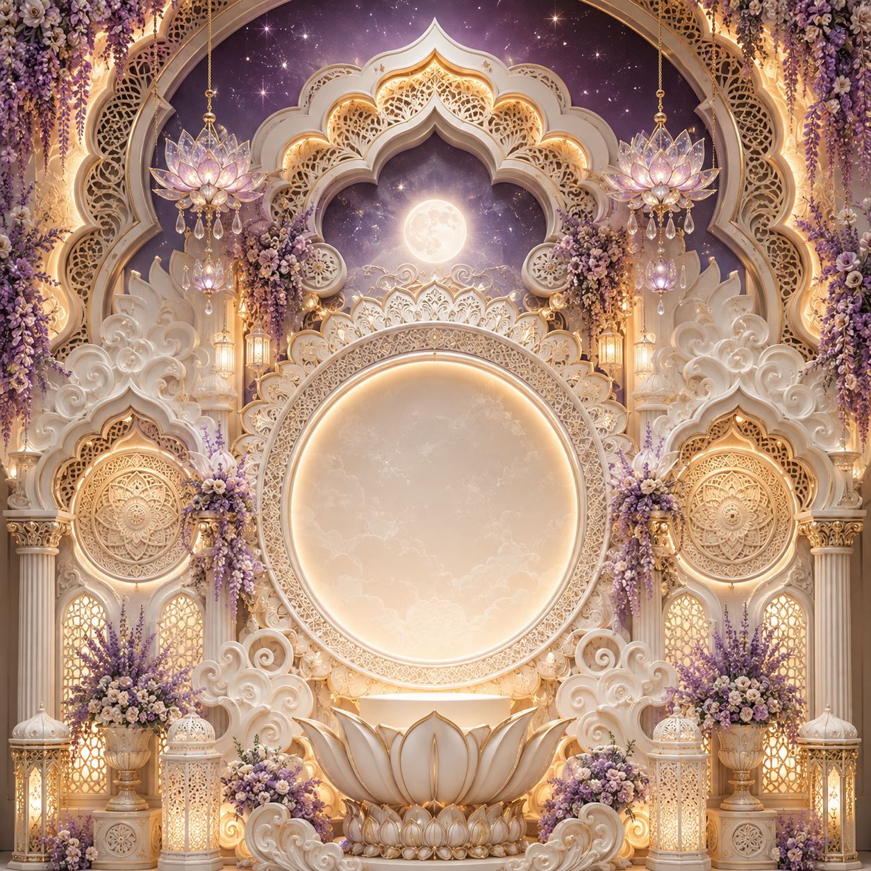 Moonlit Wisteria Lotus Backdrop with Glowing Round Frame | GC-003-6