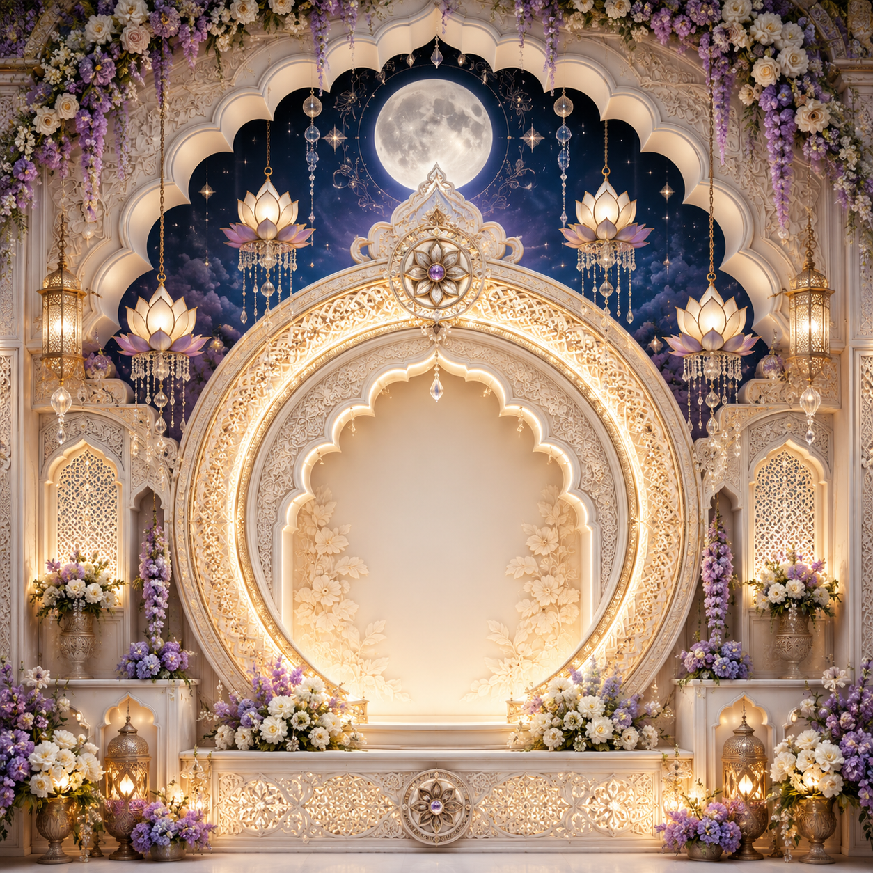 Night Sky Full Moon Backdrop with Lotus Lamps & Purple Florals | GC-003-7
