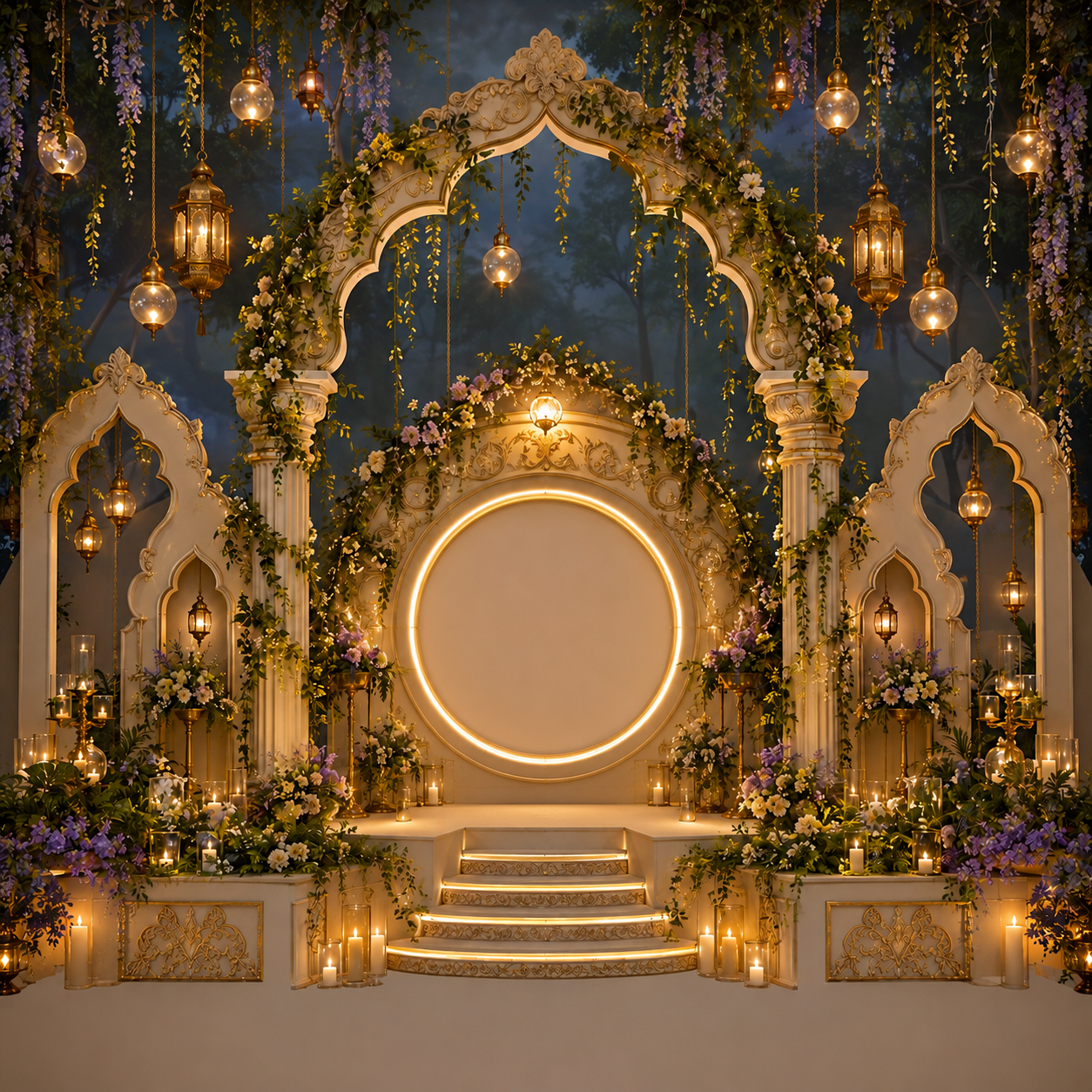 Enchanted Garden Night Backdrop with Gold Lanterns & Candles | GC-003-8