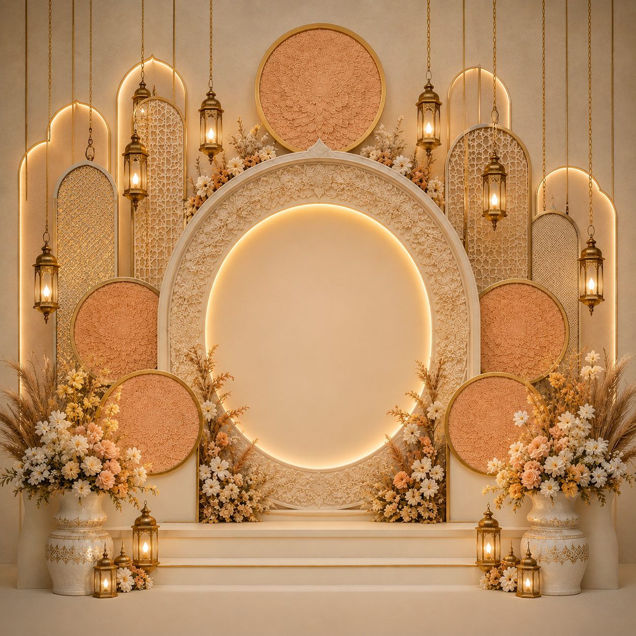Peach Terracotta Mandala Backdrop with Lanterns & Pampas | GC-003-9