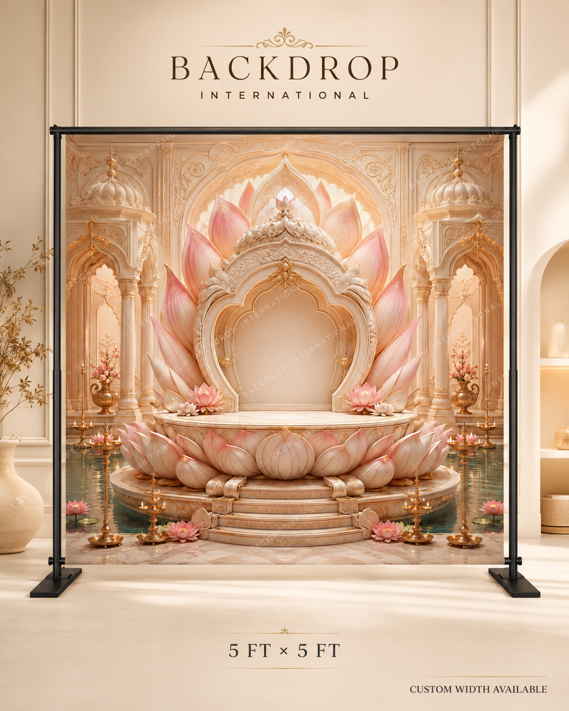 Pink Lotus Throne Ganesh Chaturthi Backdrop with Brass Diyas | GC-004-1