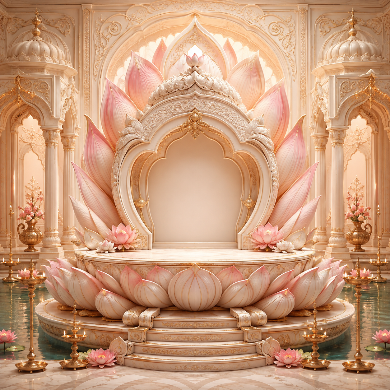 Pink Lotus Throne Ganesh Chaturthi Backdrop with Brass Diyas | GC-004-1