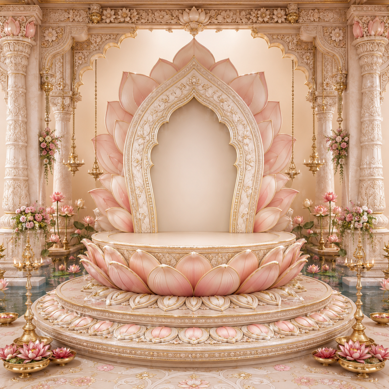 Marble Lotus Mandap Ganesh Chaturthi Backdrop with Hanging Lamps | GC-004-3