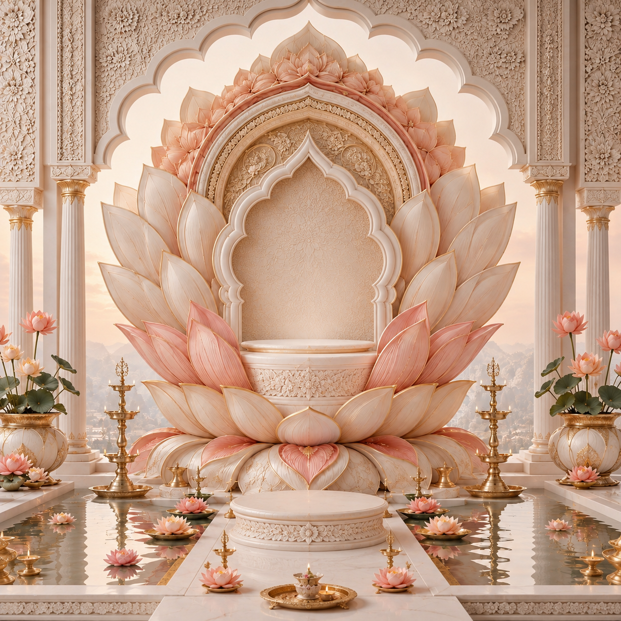 Sunset Lotus Arch Ganesh Chaturthi Backdrop with Reflecting Pool | GC-004-4