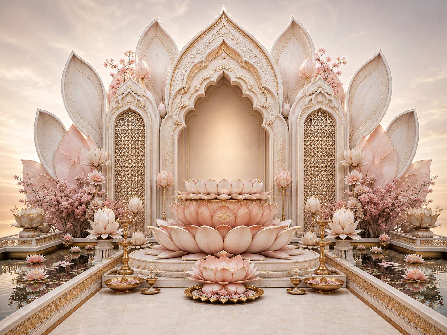 Grand Lotus Temple Ganesh Chaturthi Backdrop with Cherry Blossom | GC-004-5