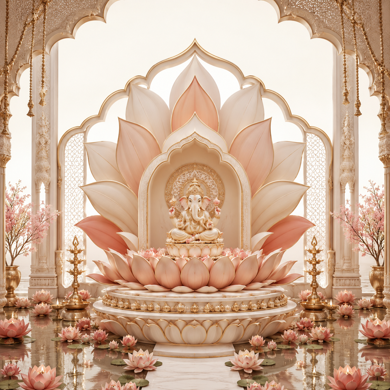 Lotus Throne Ganesh Chaturthi Backdrop with Printed Ganpati Idol | GC-004-6