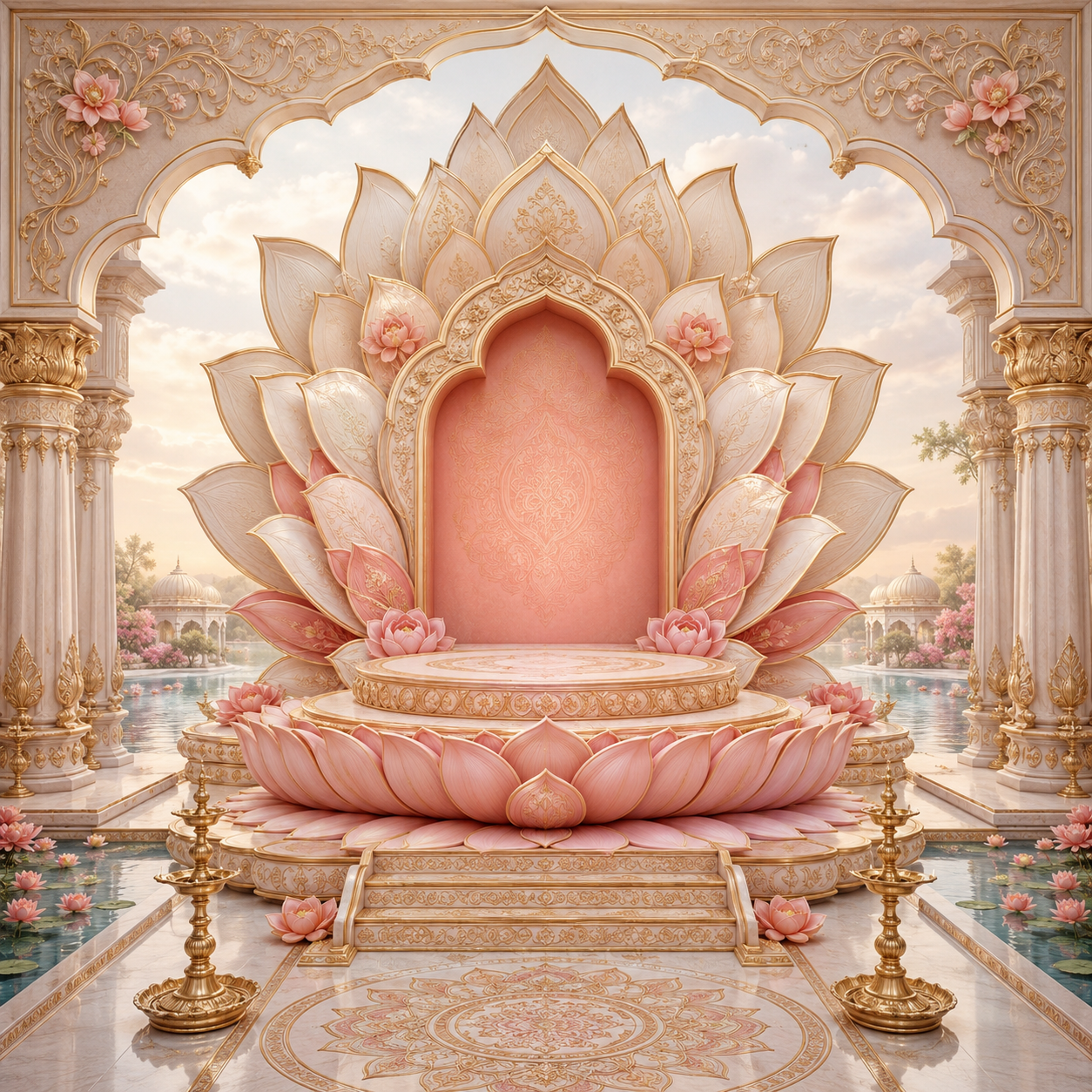 Rose Gold Lotus Palace Ganesh Chaturthi Backdrop with Lake View | GC-004-7