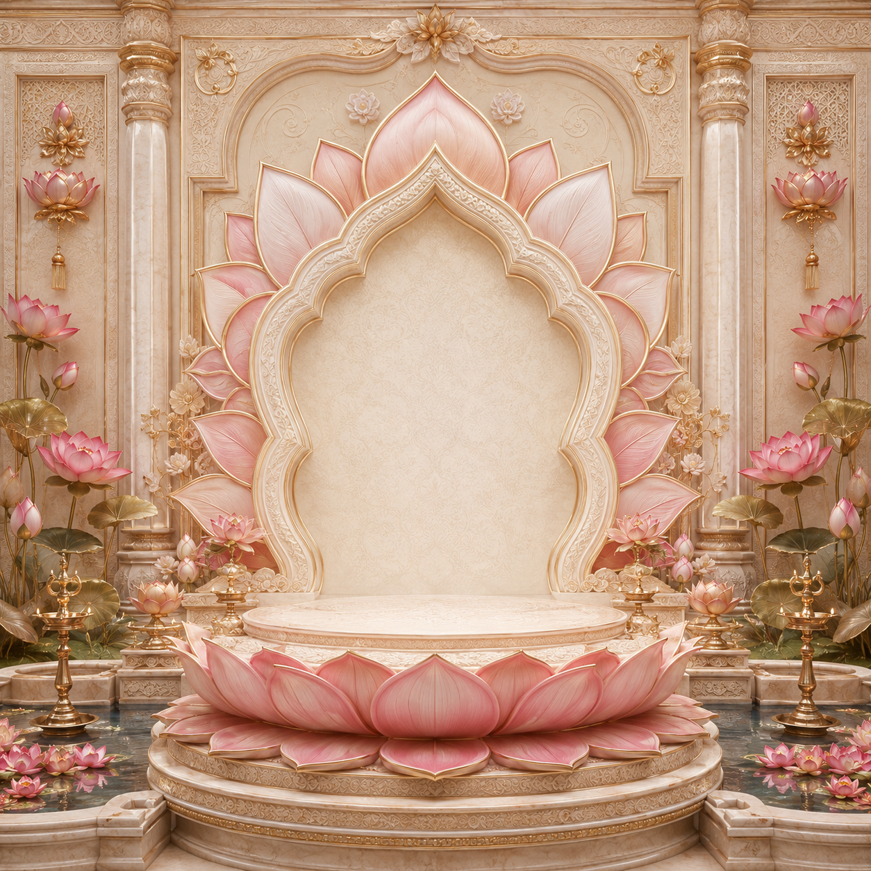 Pink Lotus Pond Ganesh Chaturthi Backdrop with Marble Pillars | GC-004-8