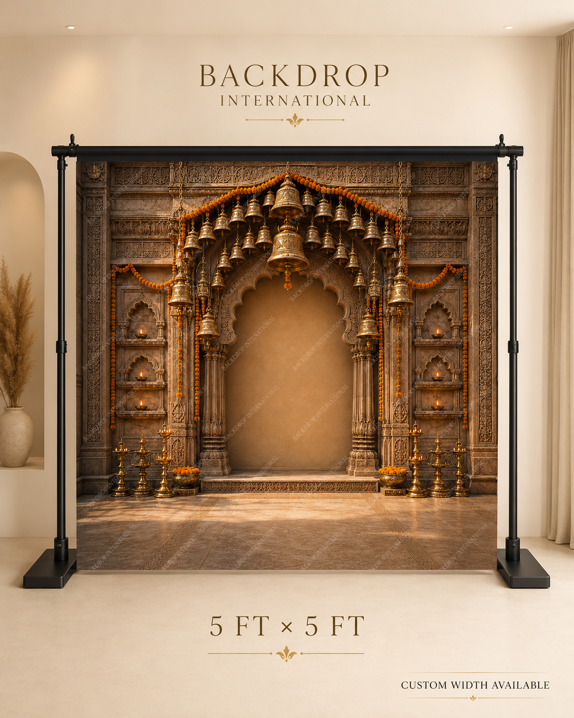 Sandstone Temple Bells Ganesh Chaturthi Backdrop with Rudraksha Garlands | GC-005-1