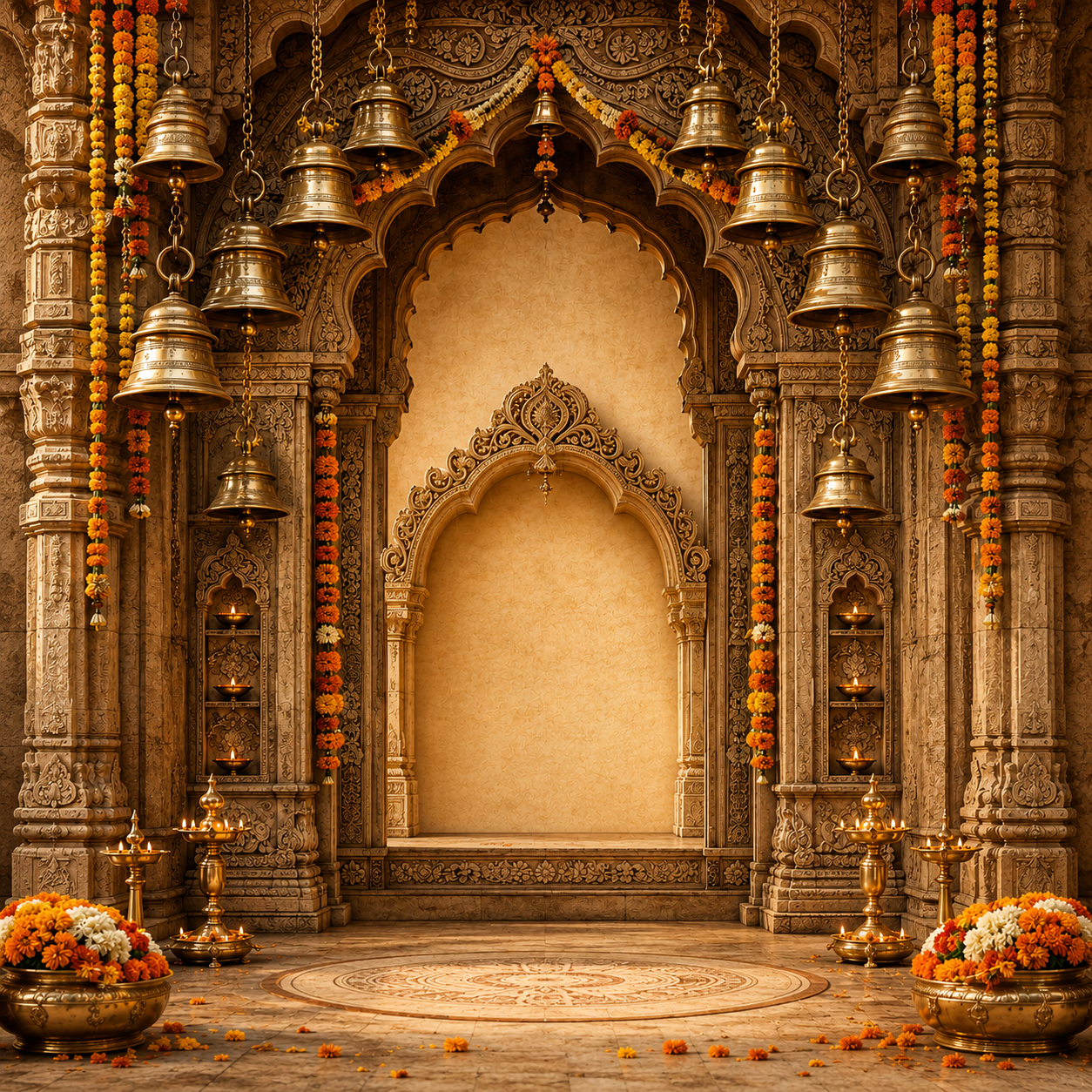 Golden Temple Arch Ganesh Chaturthi Backdrop with Brass Bells & Marigold | GC-005-2
