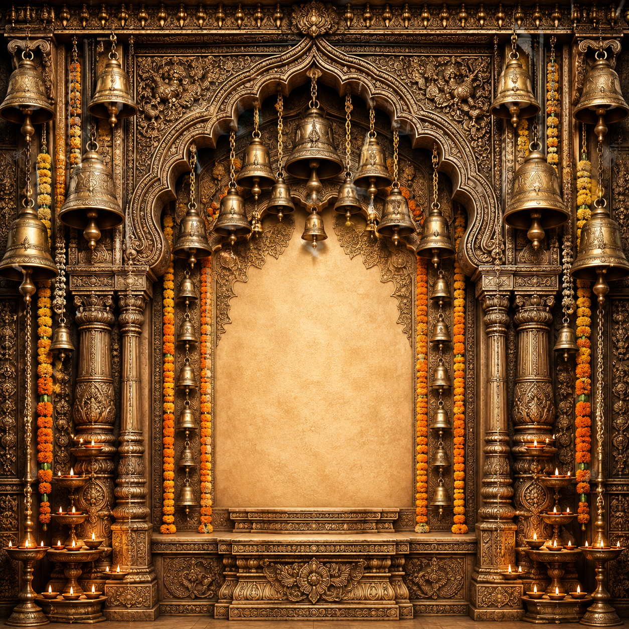 Antique Brass Temple Ganesh Chaturthi Backdrop with Bells & Diyas | GC-005-4