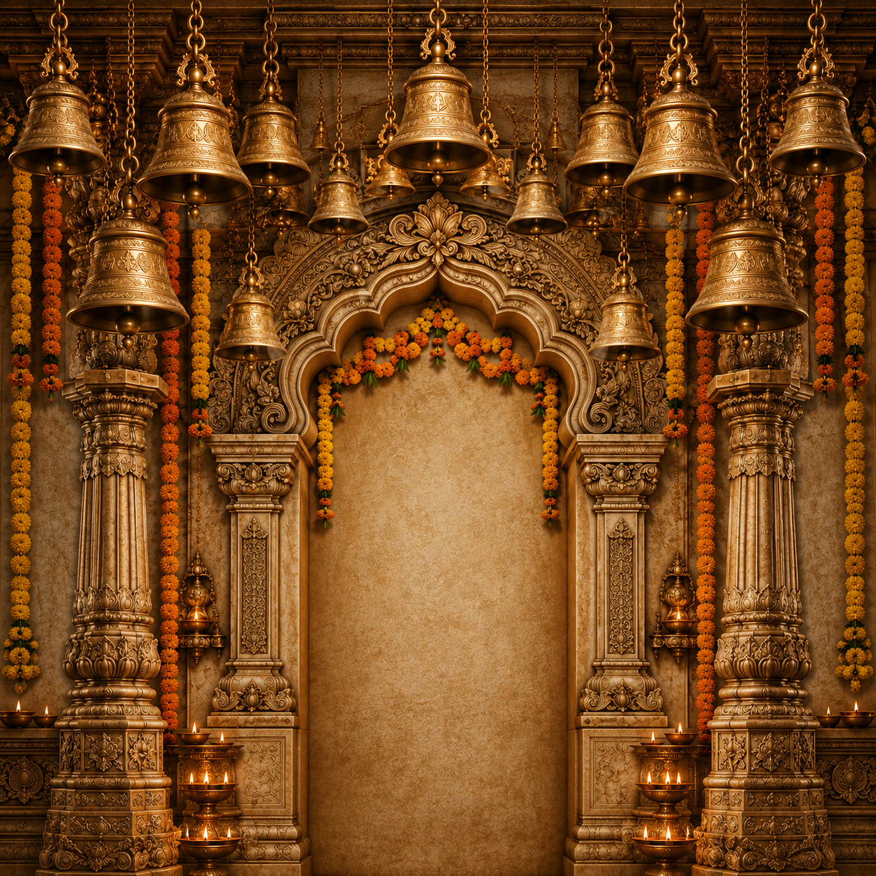 Golden Bell Mandap Ganesh Chaturthi Backdrop with Lotus Pillars | GC-005-5