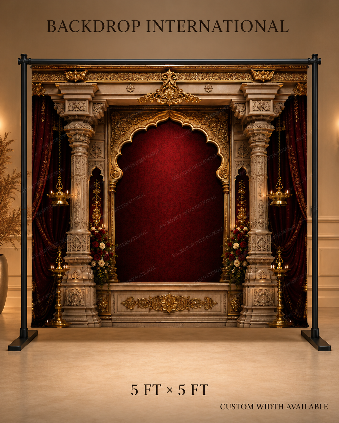 Maroon Velvet Royal Arch Backdrop with Marble Pillars & Brass Lamps | GC-006-1