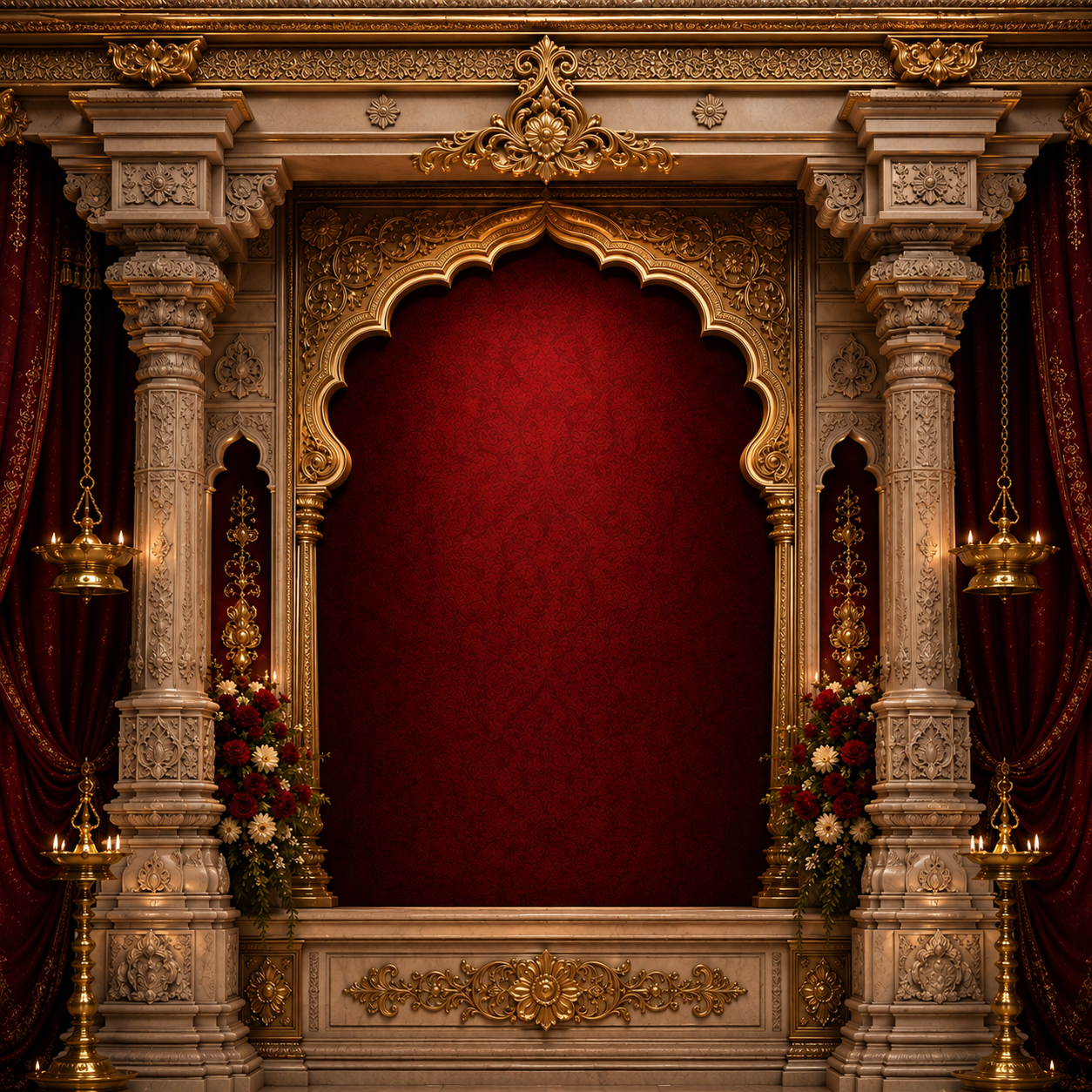 Maroon Velvet Royal Arch Backdrop with Marble Pillars & Brass Lamps | GC-006-1