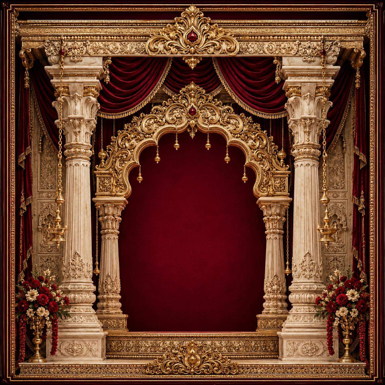 Golden Frame Maroon Drape Backdrop with Hanging Lamps & Florals | GC-006-2