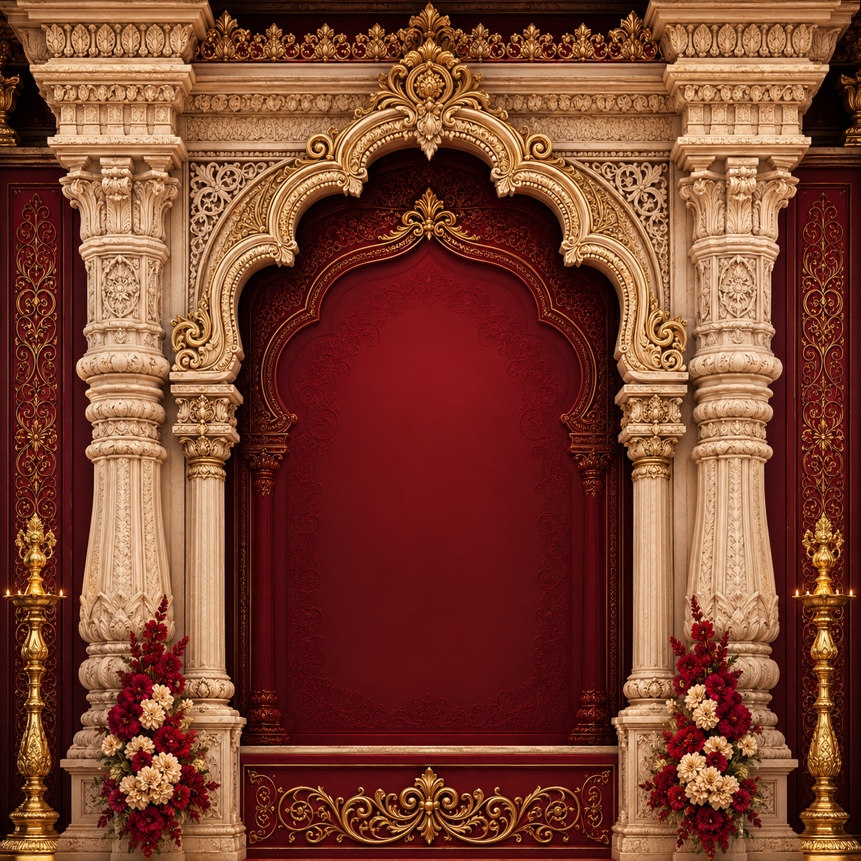 Deep Red Royal Mandap Backdrop with Carved Cream Pillars | GC-006-3