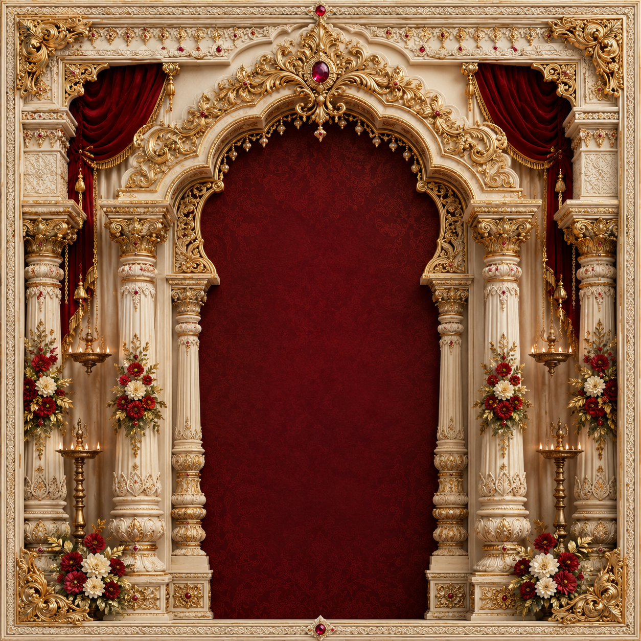 Ivory Gold Jewelled Frame Backdrop with Maroon Velvet Curtains | GC-006-4