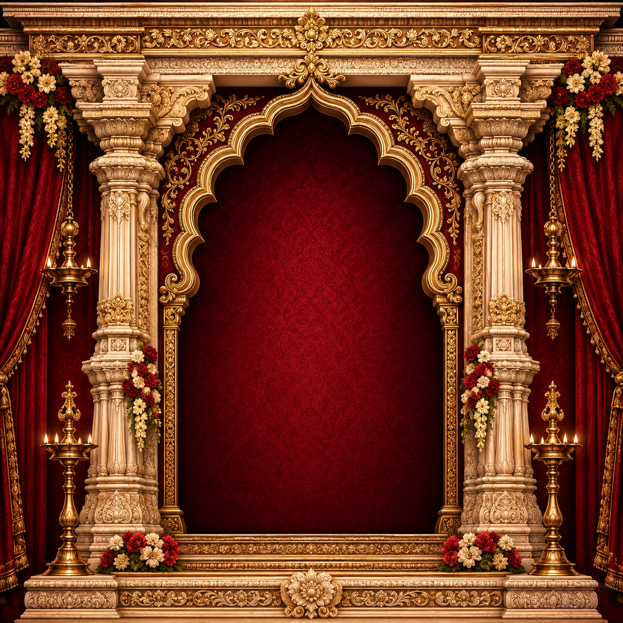 Maroon Damask Arch Backdrop with Gold Carving & Velvet Curtains | GC-006-5