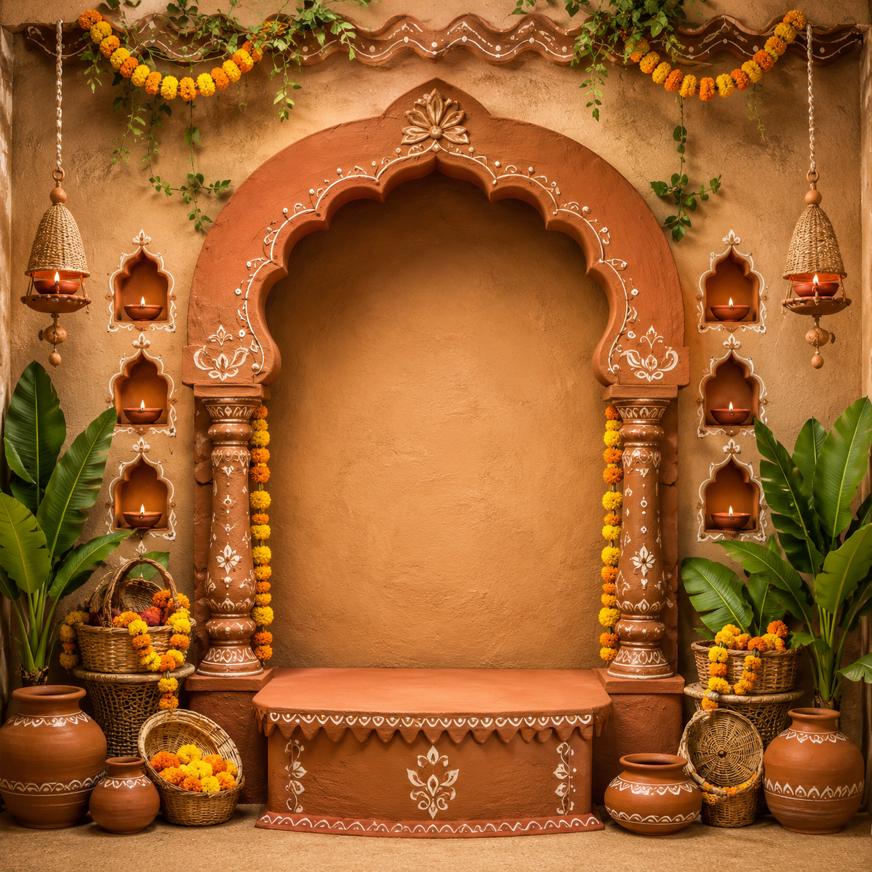 Terracotta Village Mandap Ganesh Chaturthi Backdrop with Matki & Marigold | GC-007-1