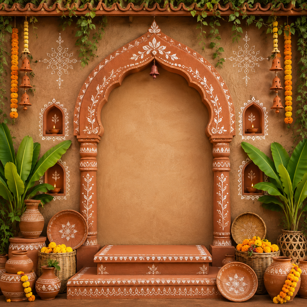 Mud Wall Arch Ganesh Chaturthi Backdrop with Terracotta Bells & Kolam | GC-007-2