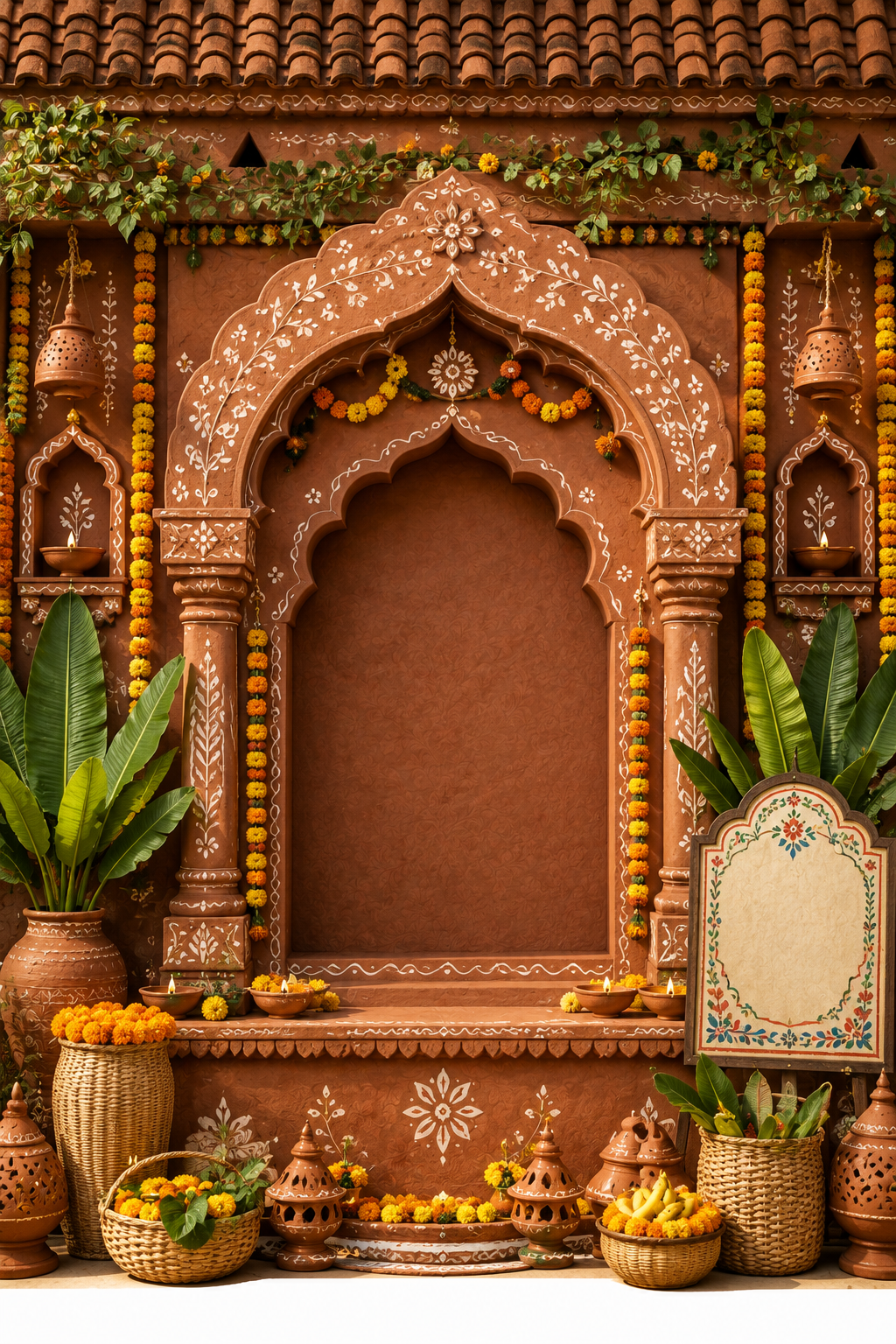 Tiled Roof Terracotta Ganesh Chaturthi Backdrop with Marigold Toran | GC-007-3
