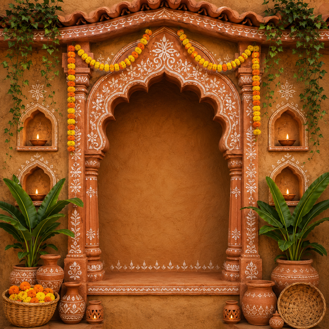 White Kolam Terracotta Ganesh Chaturthi Backdrop with Diya Niches | GC-007-4