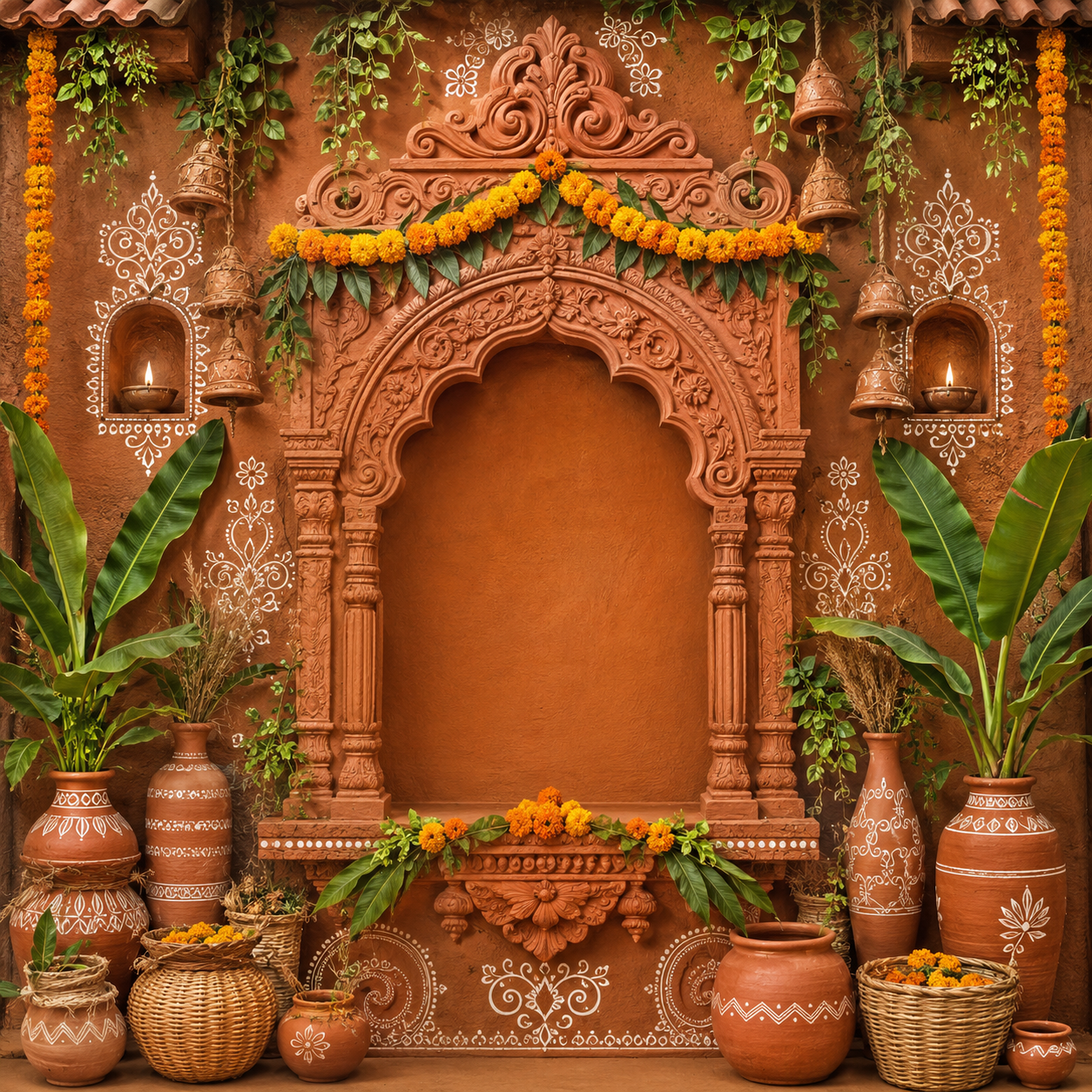 Carved Terracotta Temple Ganesh Chaturthi Backdrop with Mango Leaf Toran | GC-007-5